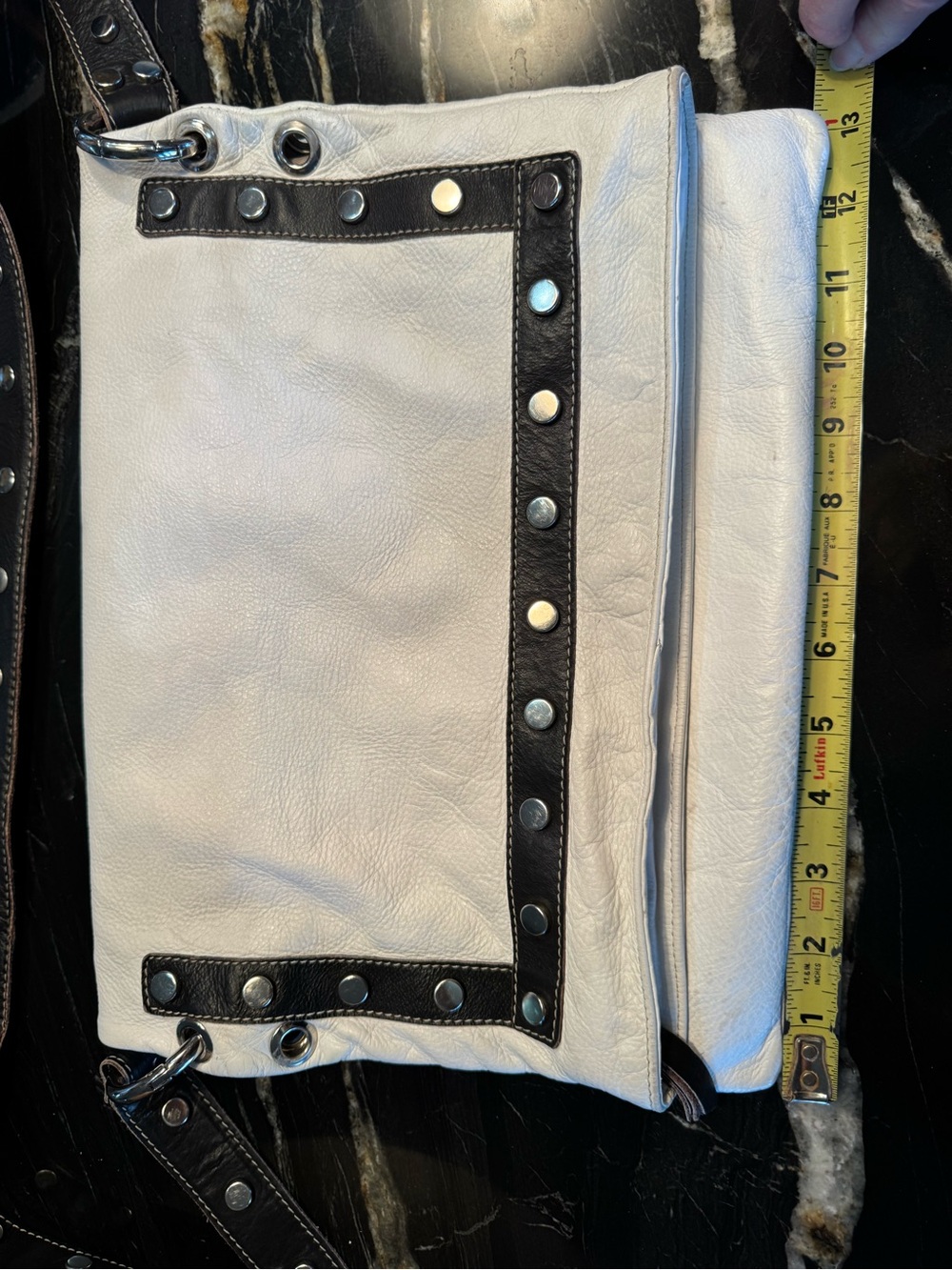 White Messenger Crossbody Bag with Black Trim and Stud Details